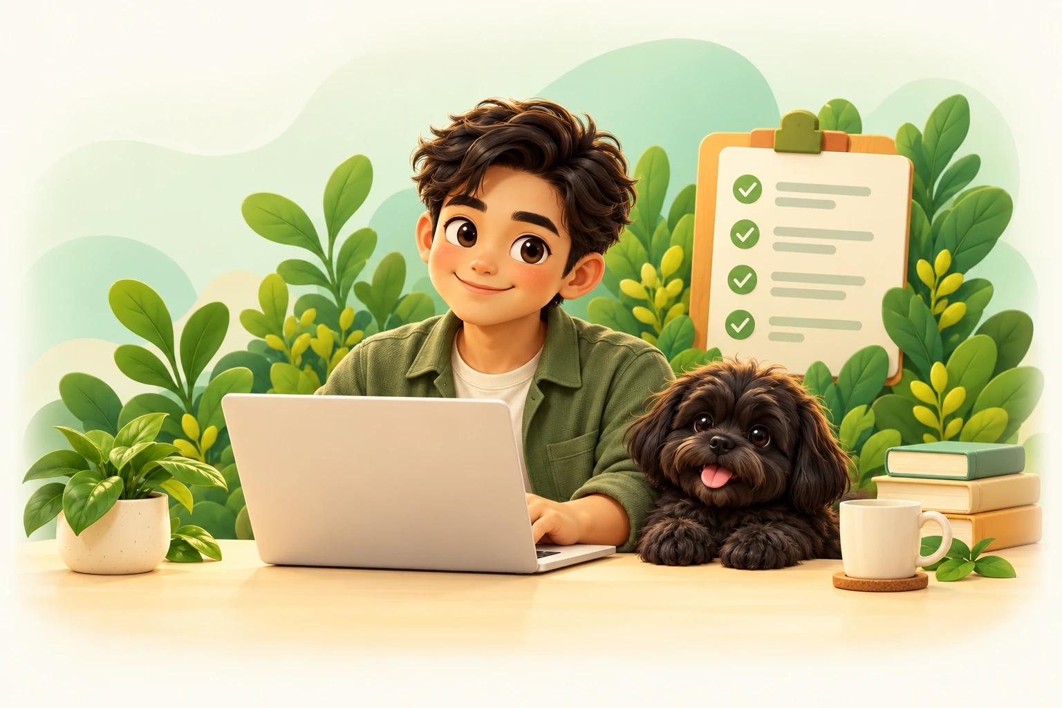 A friendly man working from home beside a black Shih Tzu